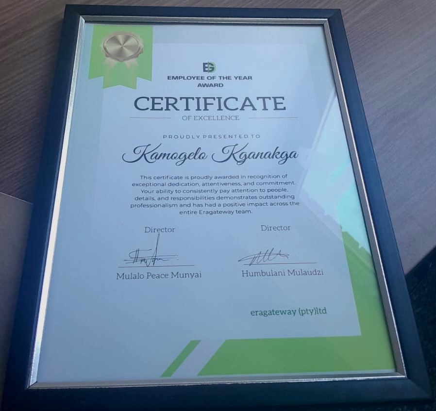 Eragateway Employee of the Year certificate, 2025