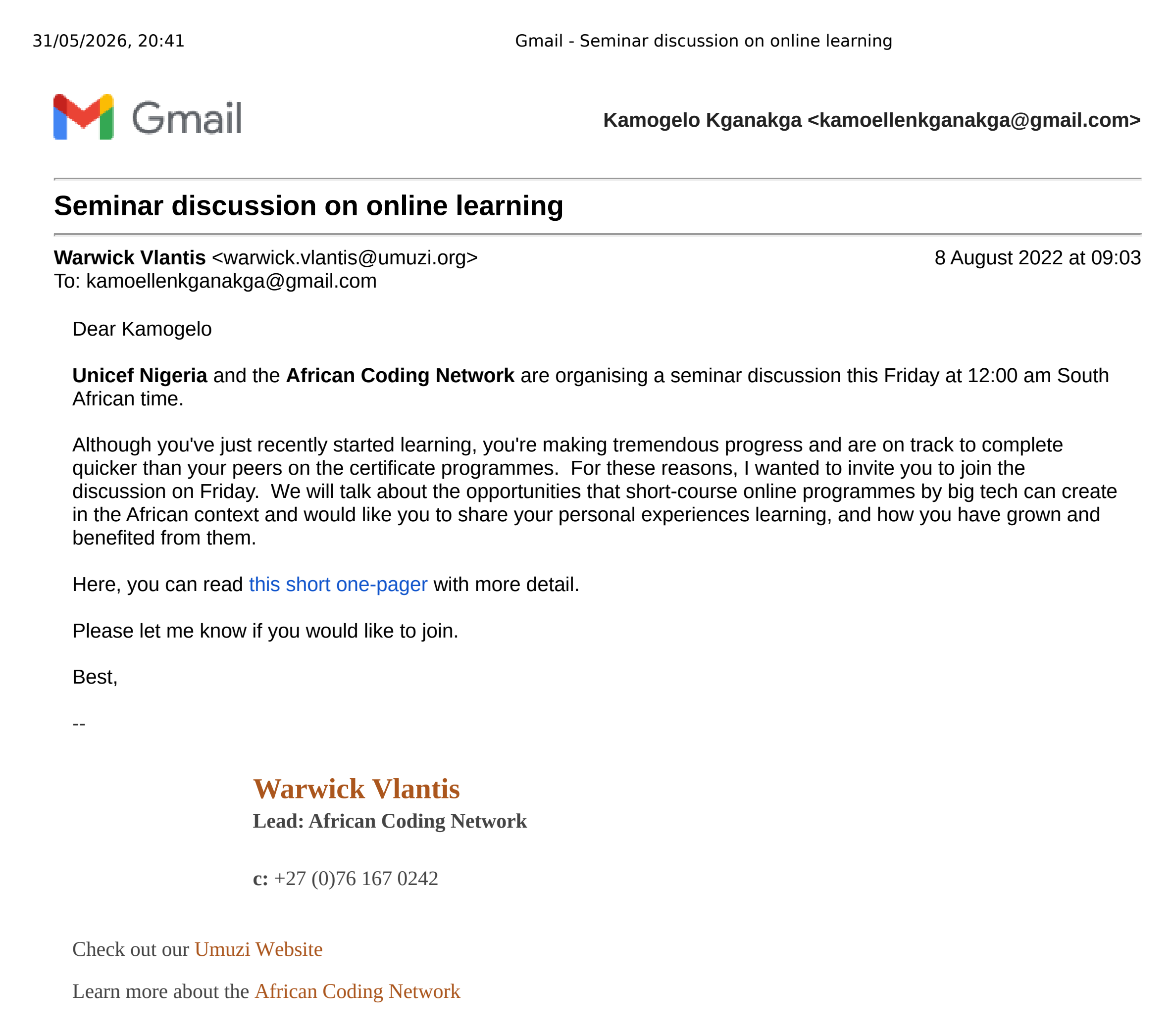 African Coding Network invitation to a UNICEF Nigeria seminar